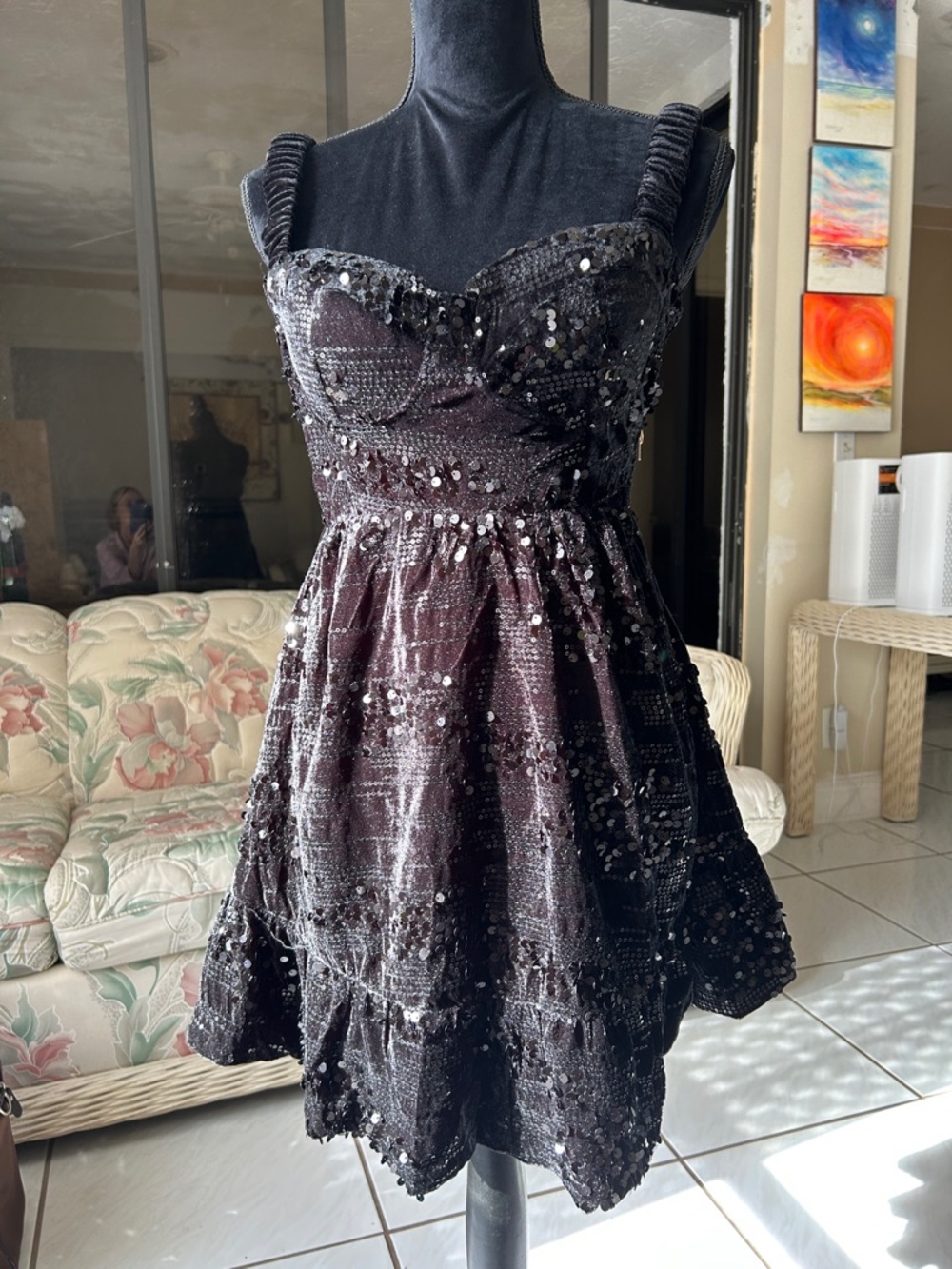 Black Sequin Mini Dress with Ruched Straps
